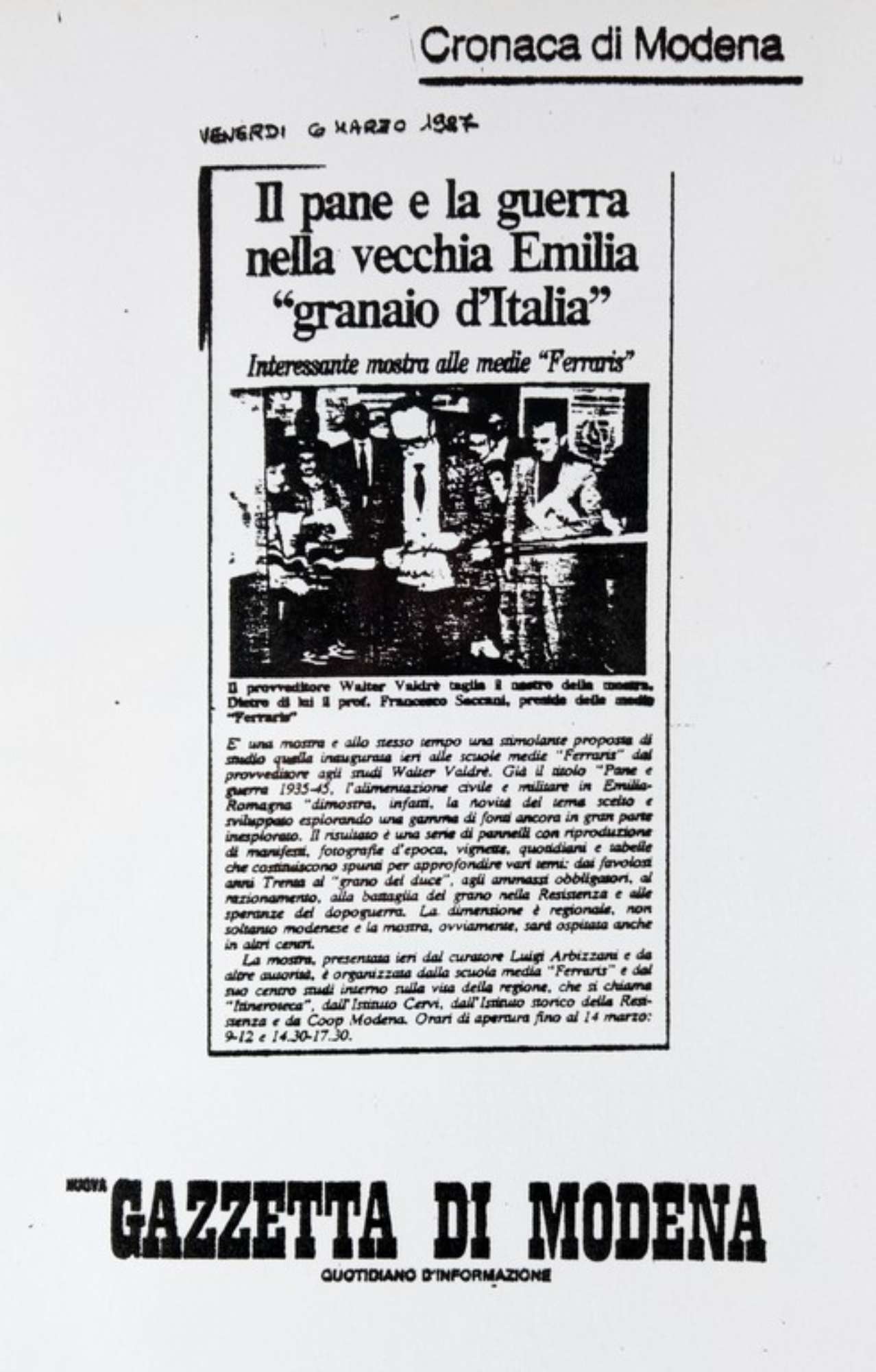Fotocopia di un articolo della "Gazzetta di Modena" del 6 marzo 1987 sulla mostra "Pane e Guerra 1935-1945 Alimentazione civile e militare in Emilia Romagna"